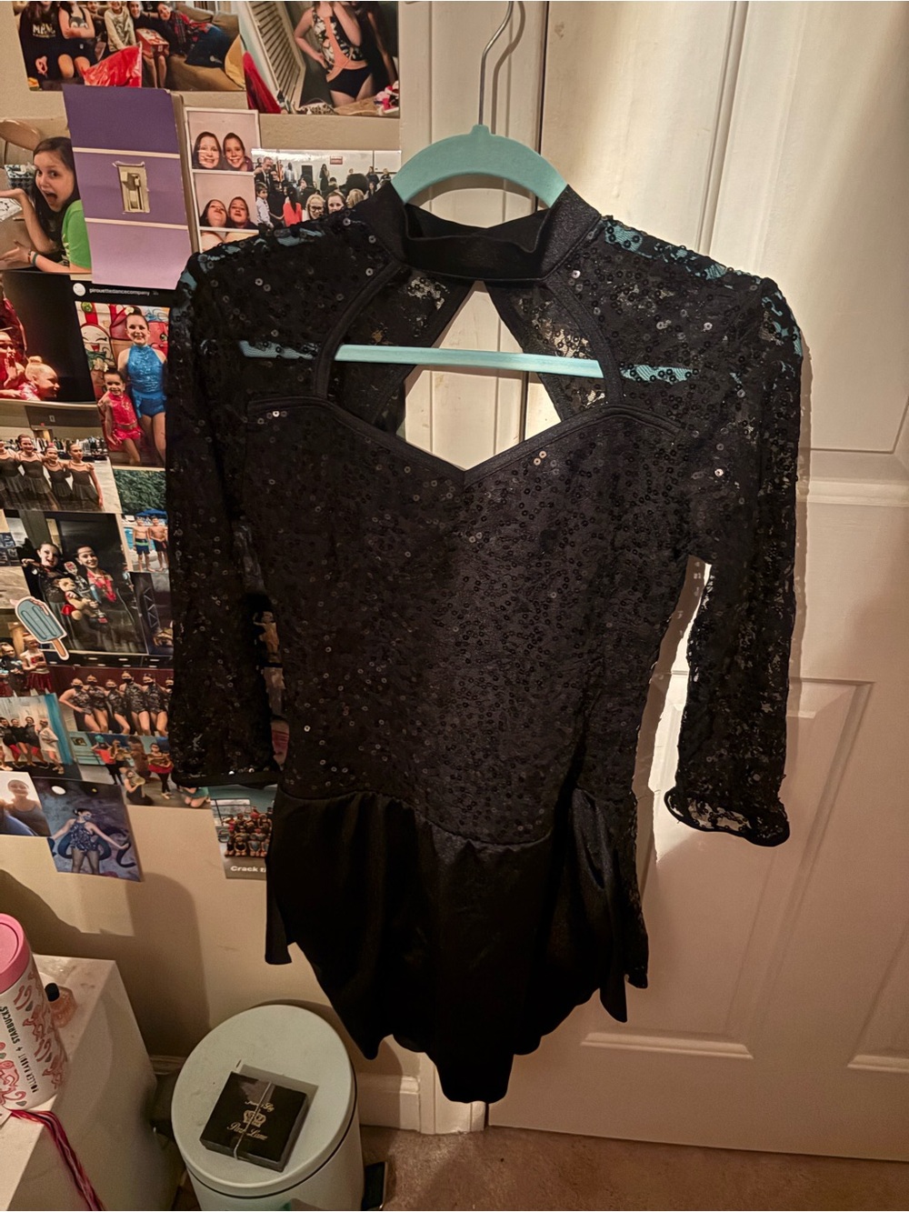 Weissman Black Sequin Lace Leotard with Half skirt